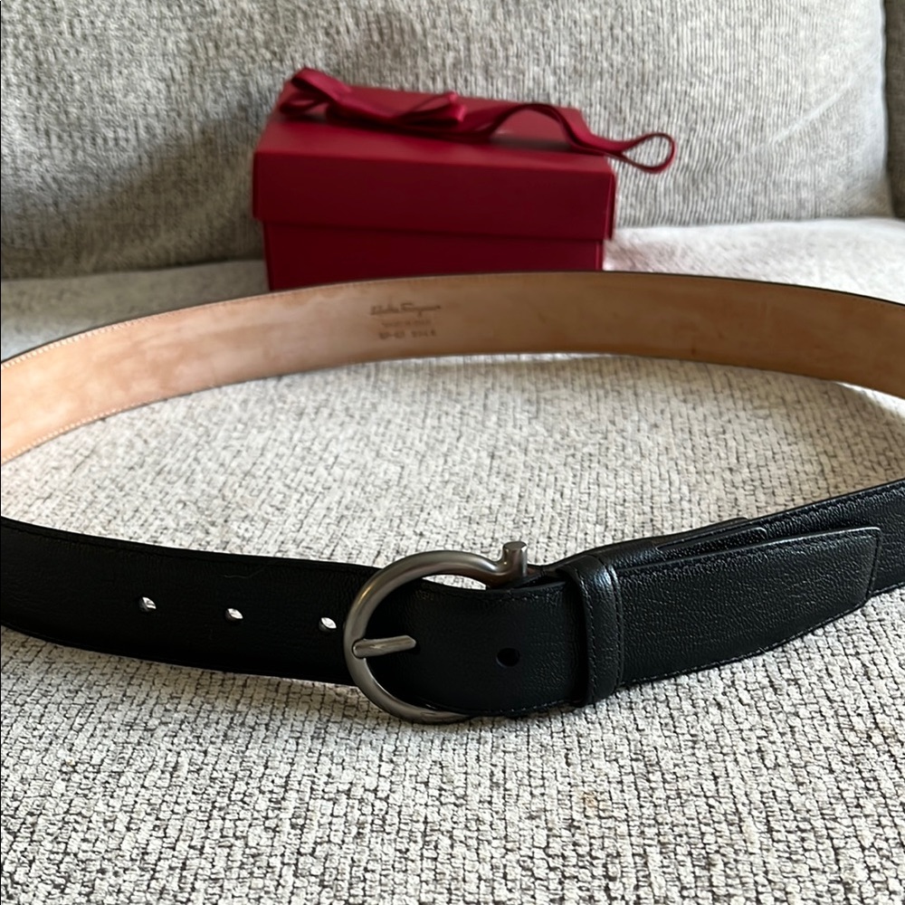 Salvatore Ferragamo Black Leather Belt with Silver Buckle